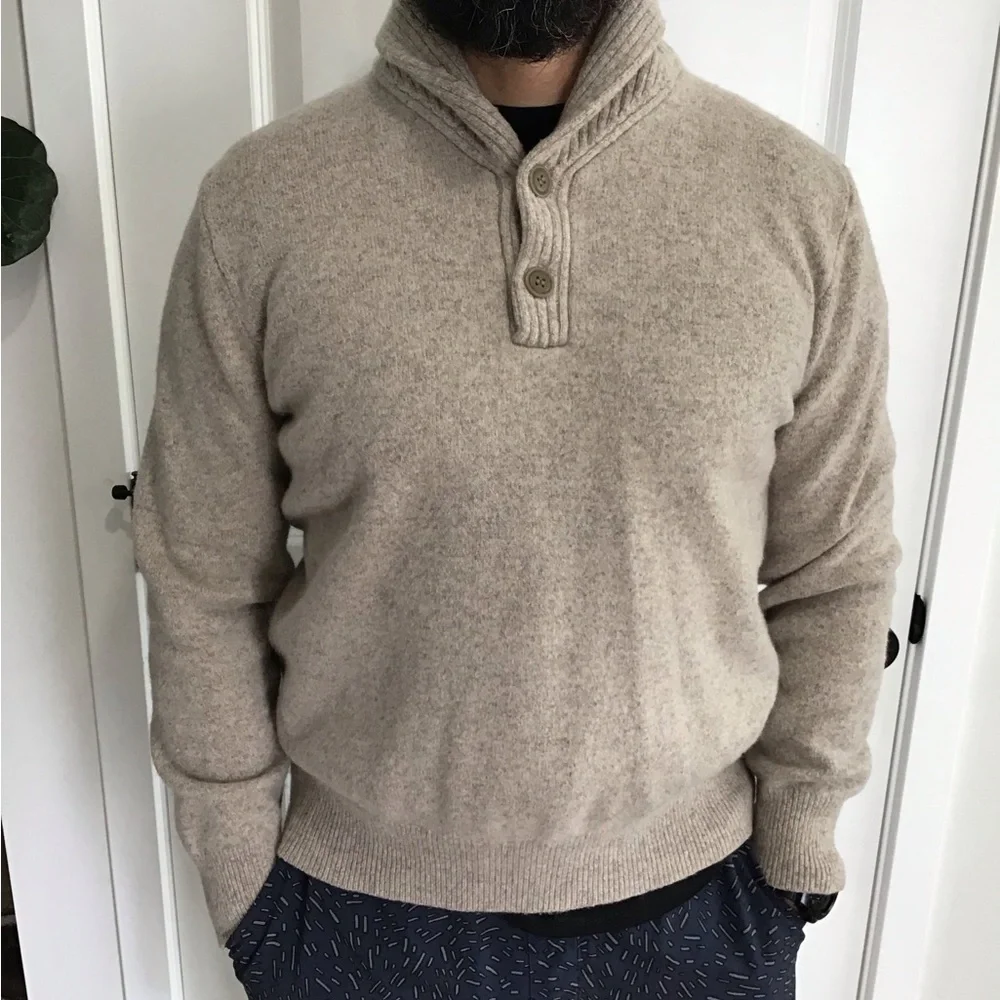 J. Crew 100% Lambswool Sweater Sz M Shawl Collar Light Brown Dad Academia Preppy
